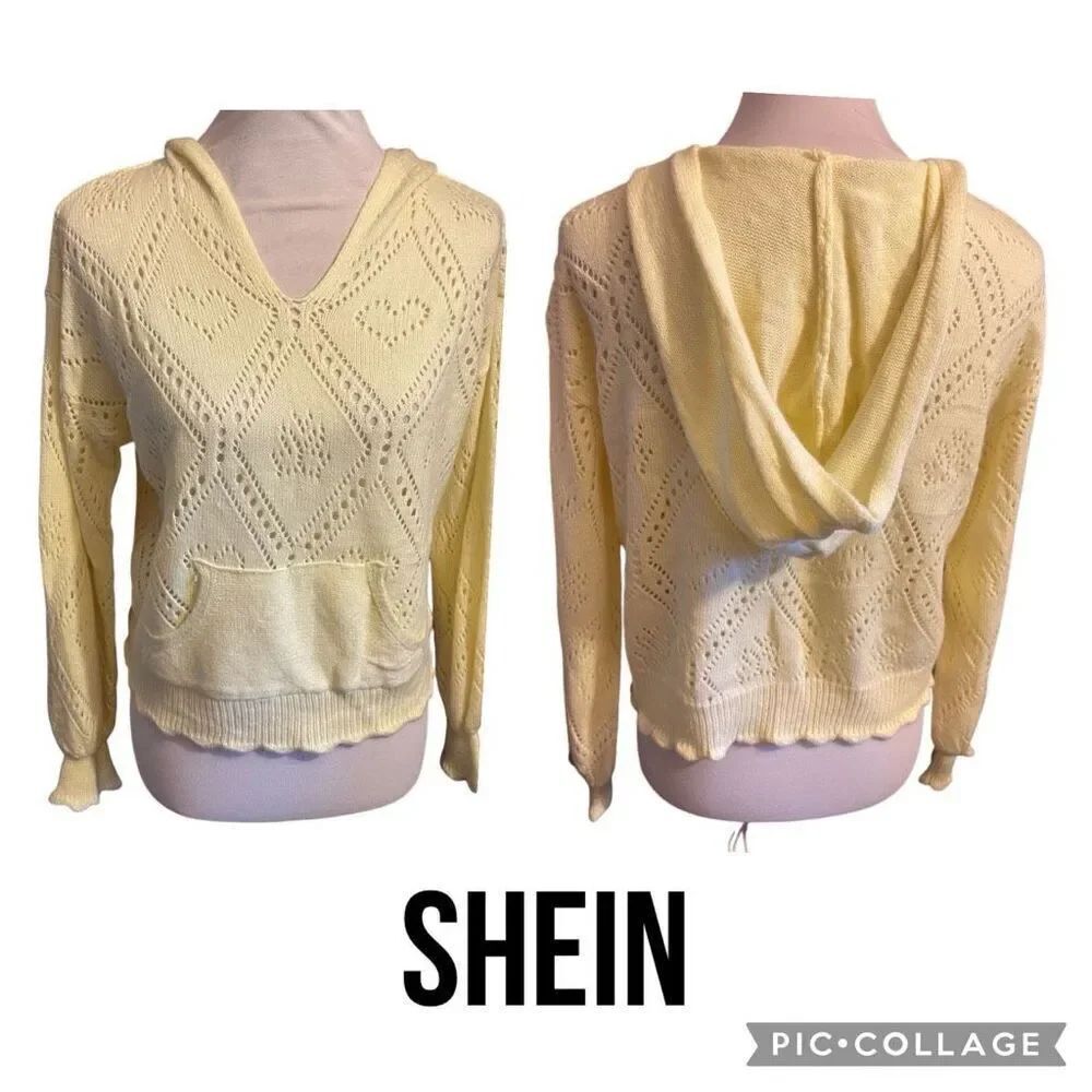 SHEIN Yellow Crochet Hooded Sweater Size Medium-NWOT